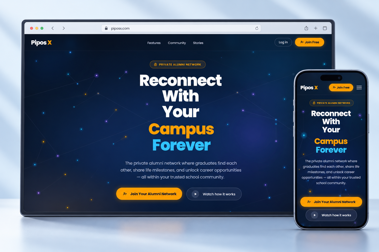 Screenshot-based desktop and mobile showcase of the PiposX alumni-network landing page