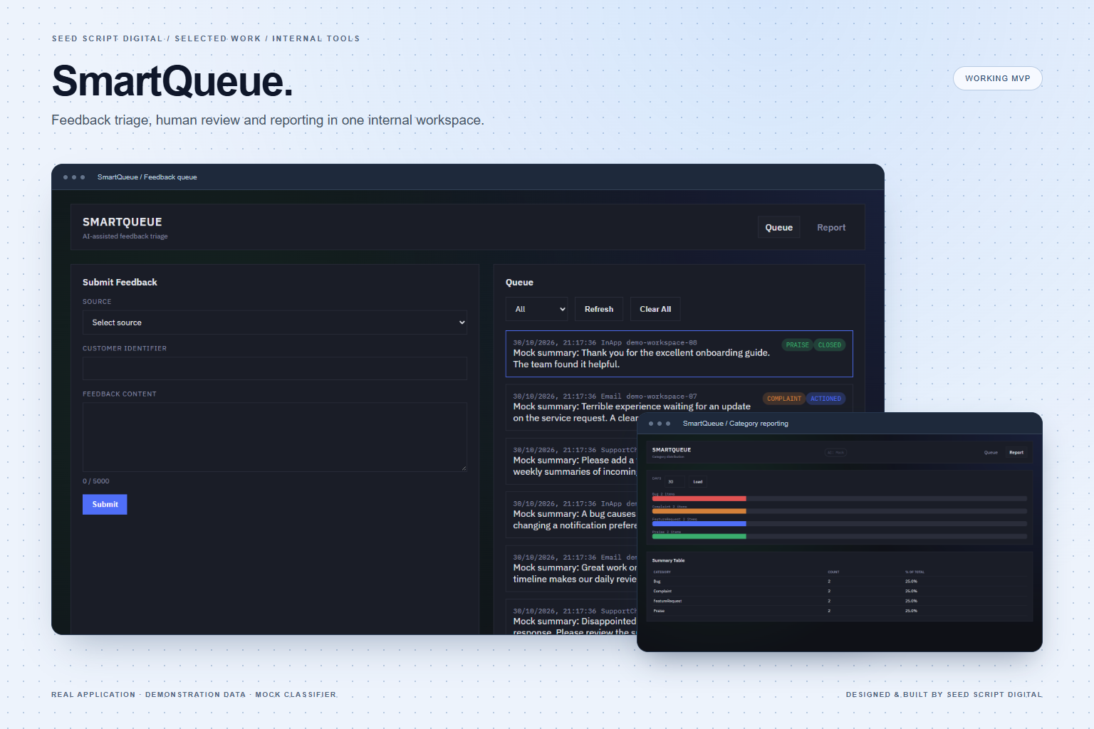 SmartQueue feedback queue in a browser showcase, captured from the working MVP using demonstration data