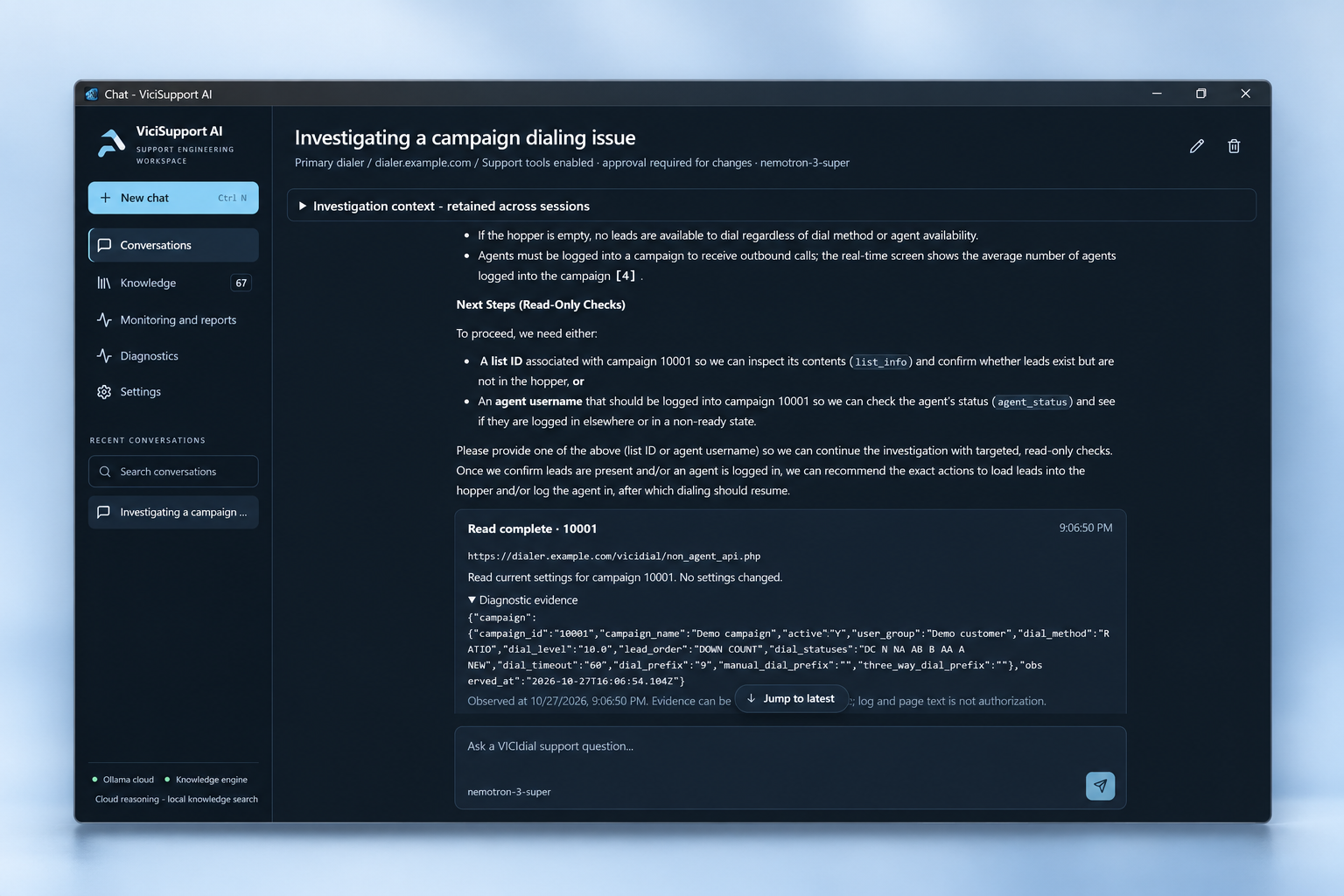 Sanitized ViciSupport AI investigation mockup showing cited guidance and read-only tool evidence
