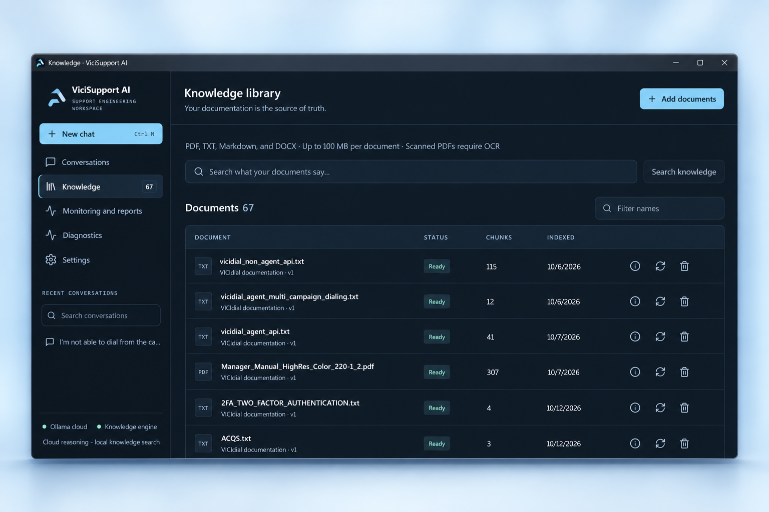 Screenshot-based mockup of the ViciSupport AI knowledge library with document search and source files