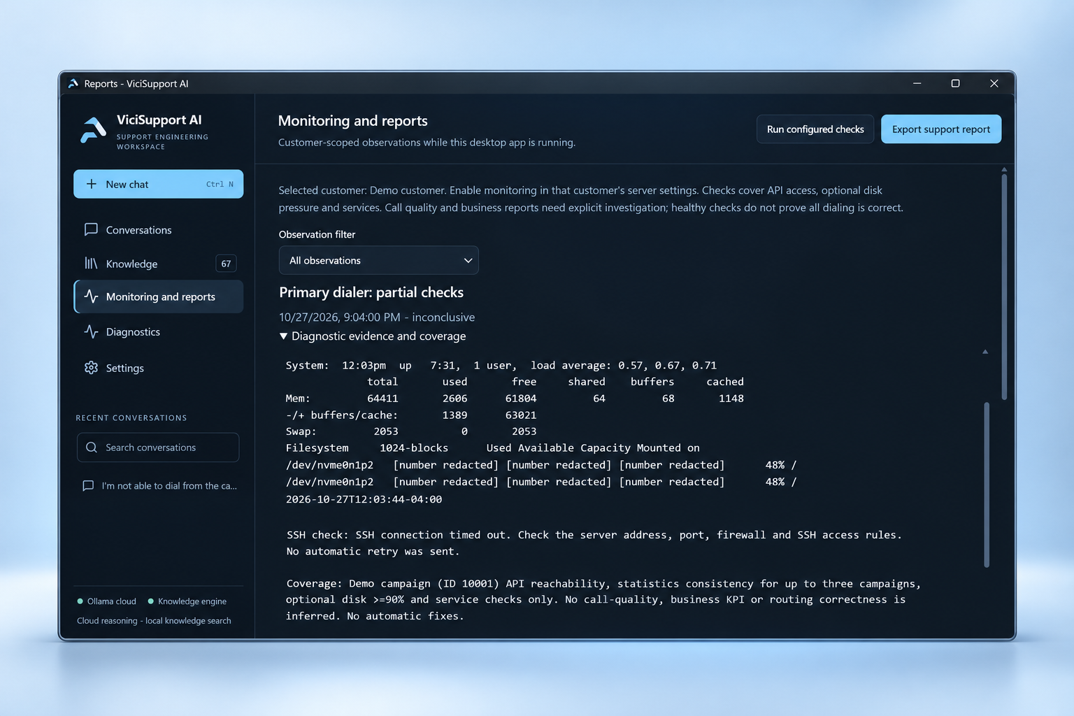ViciSupport AI monitoring and reports mockup with customer-scoped observations, diagnostic evidence and partial-check status