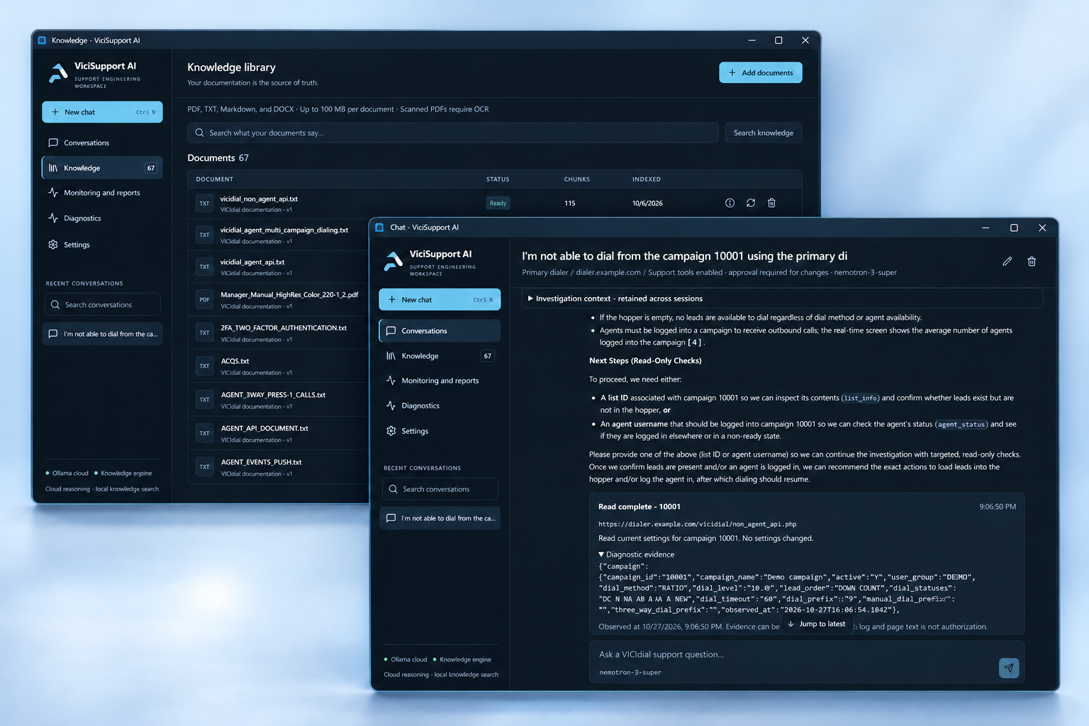 ViciSupport AI knowledge and investigation desktop mockup