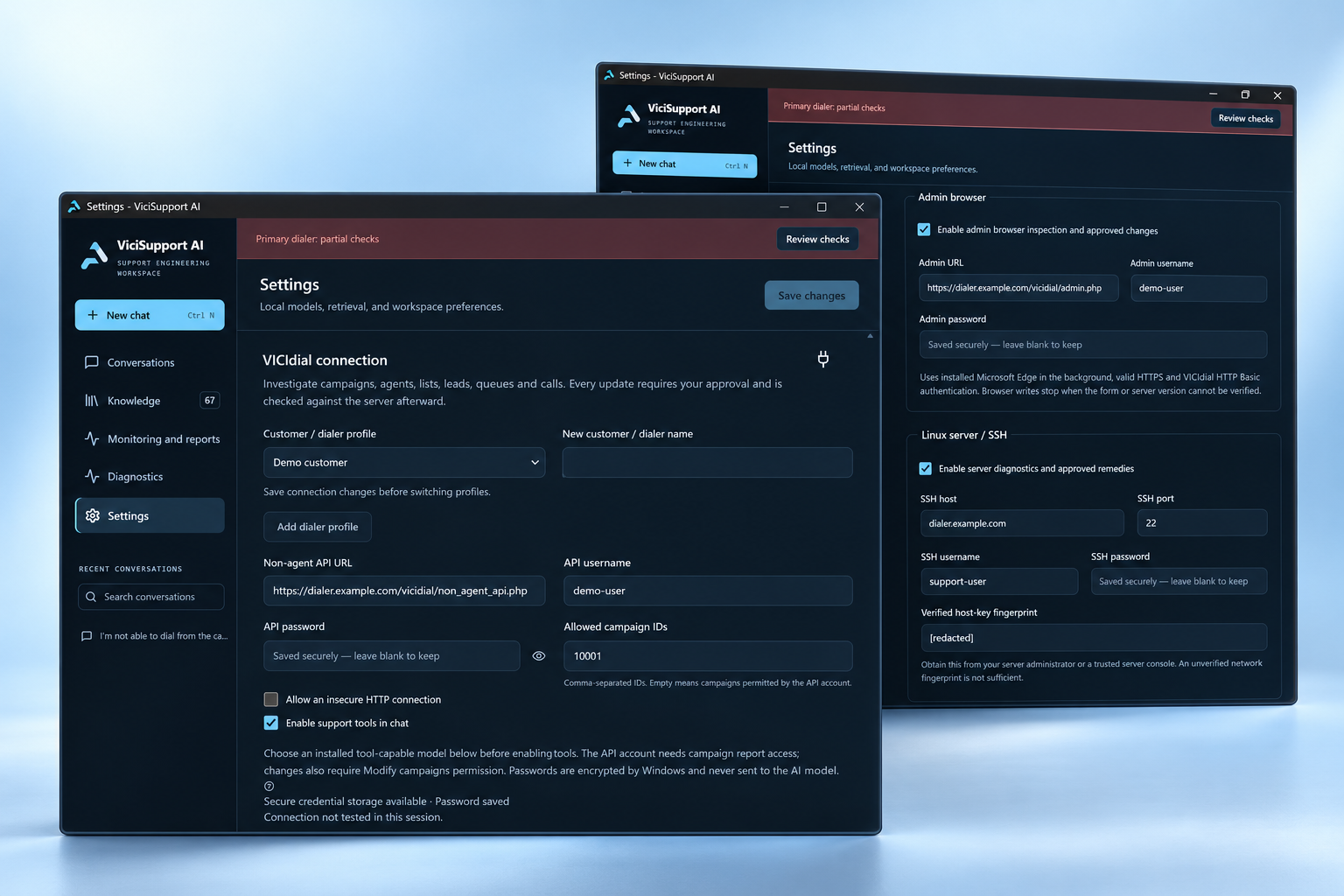 Sanitized ViciSupport AI customer-profile, API, admin-browser and SSH settings mockup using demo values
