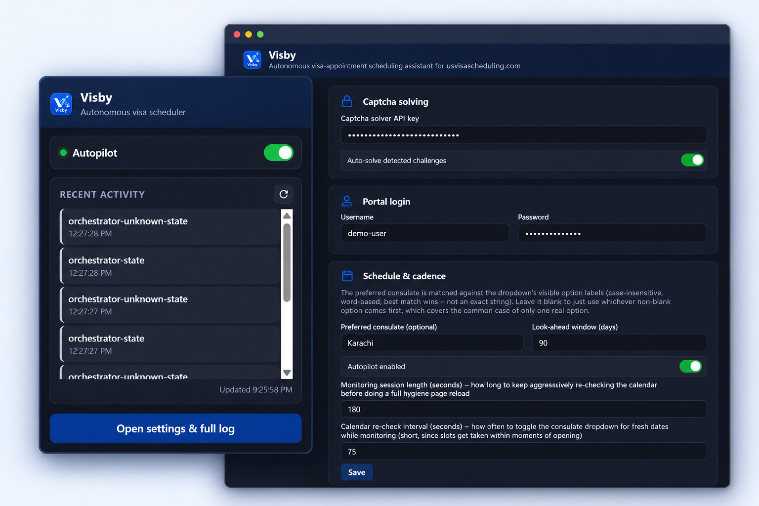 Screenshot-based mockup of the Visaby extension popup alongside its sanitized settings screen